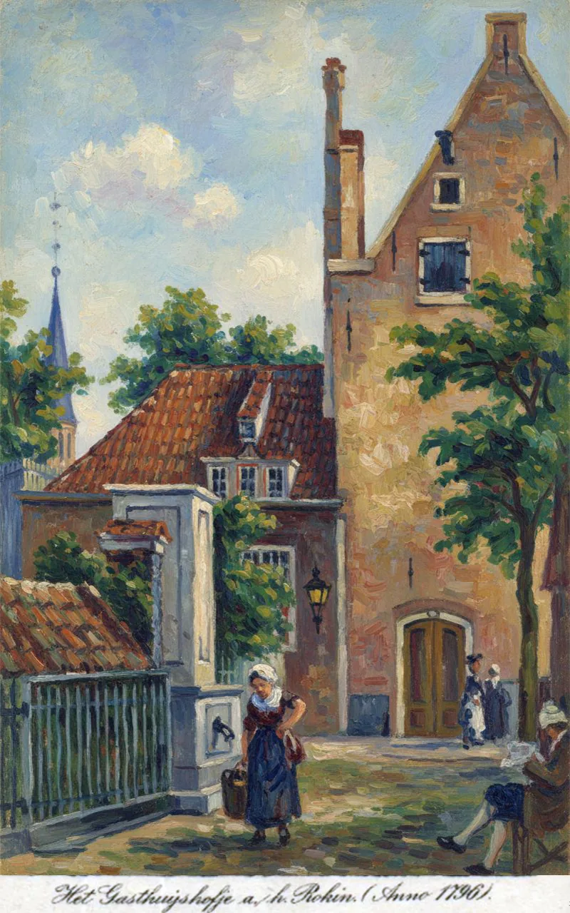 Amsterdam in the old days – the Gasthuyshofje on the Rokin on an old postcard, as a painting – Version B