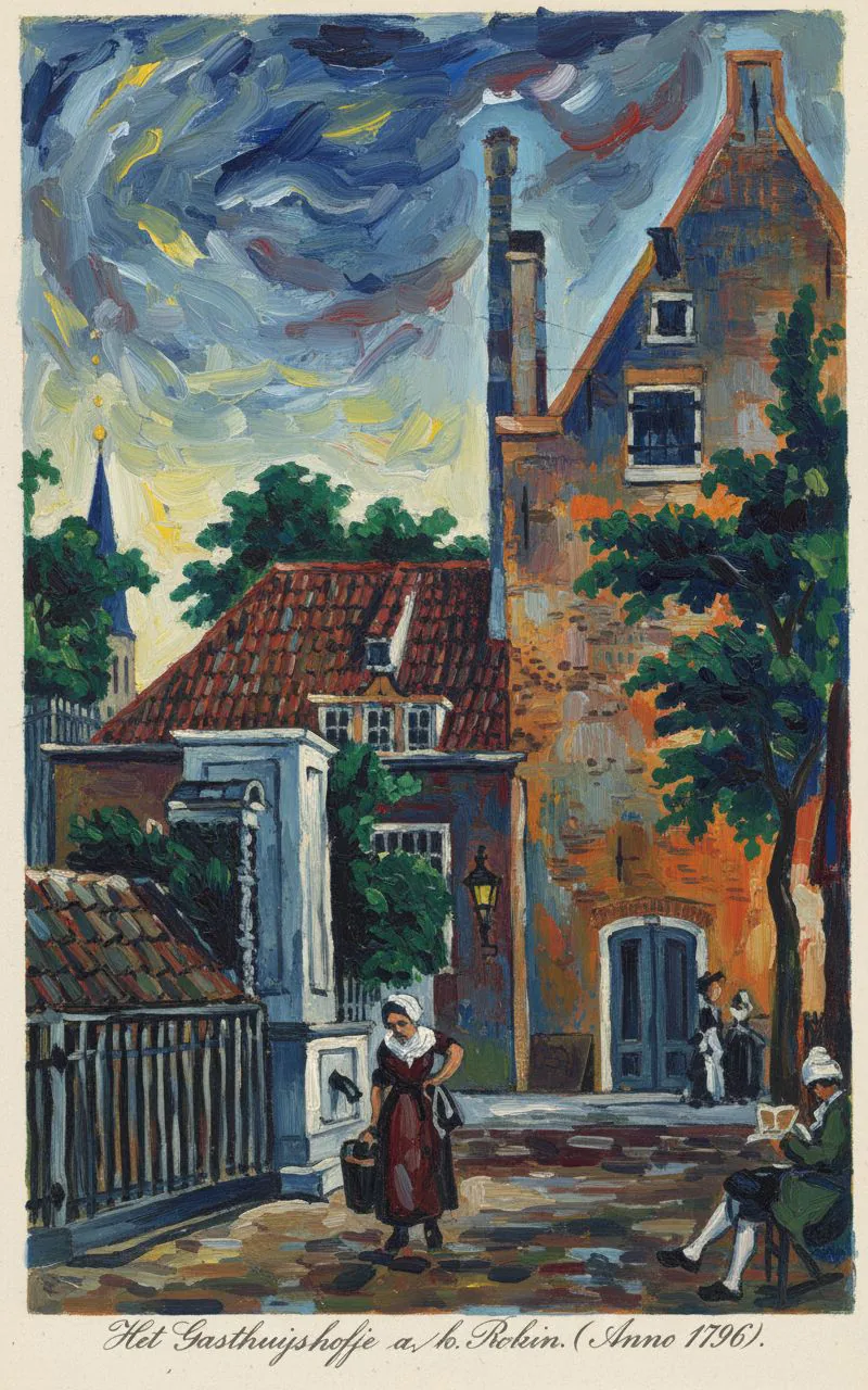 Amsterdam in the old days – the Gasthuyshofje on the Rokin on an old postcard, as a painting – Version C