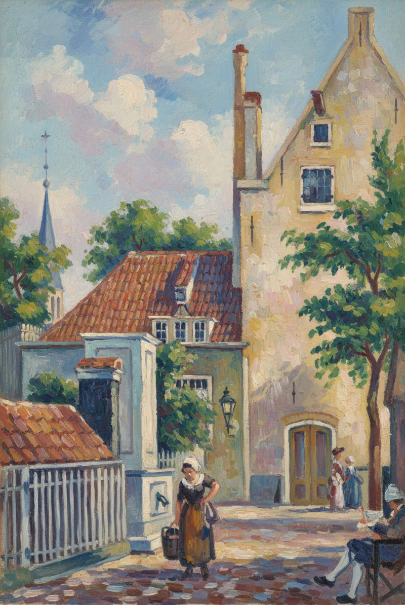 Amsterdam in the old days – the Gasthuyshofje on the Rokin on an old postcard, as a painting – Version D
