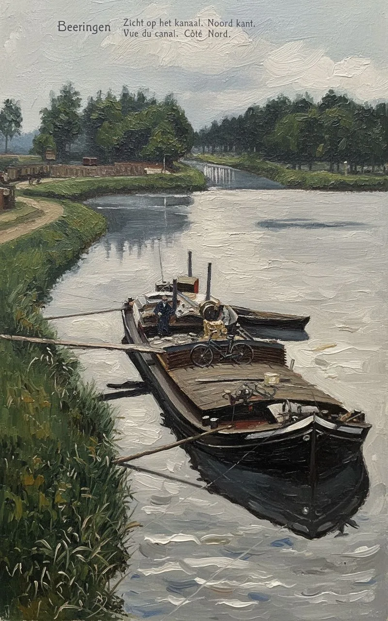 Beringen vroeger – de kanaalkom op een oude postkaart, als schilderij – Versie C