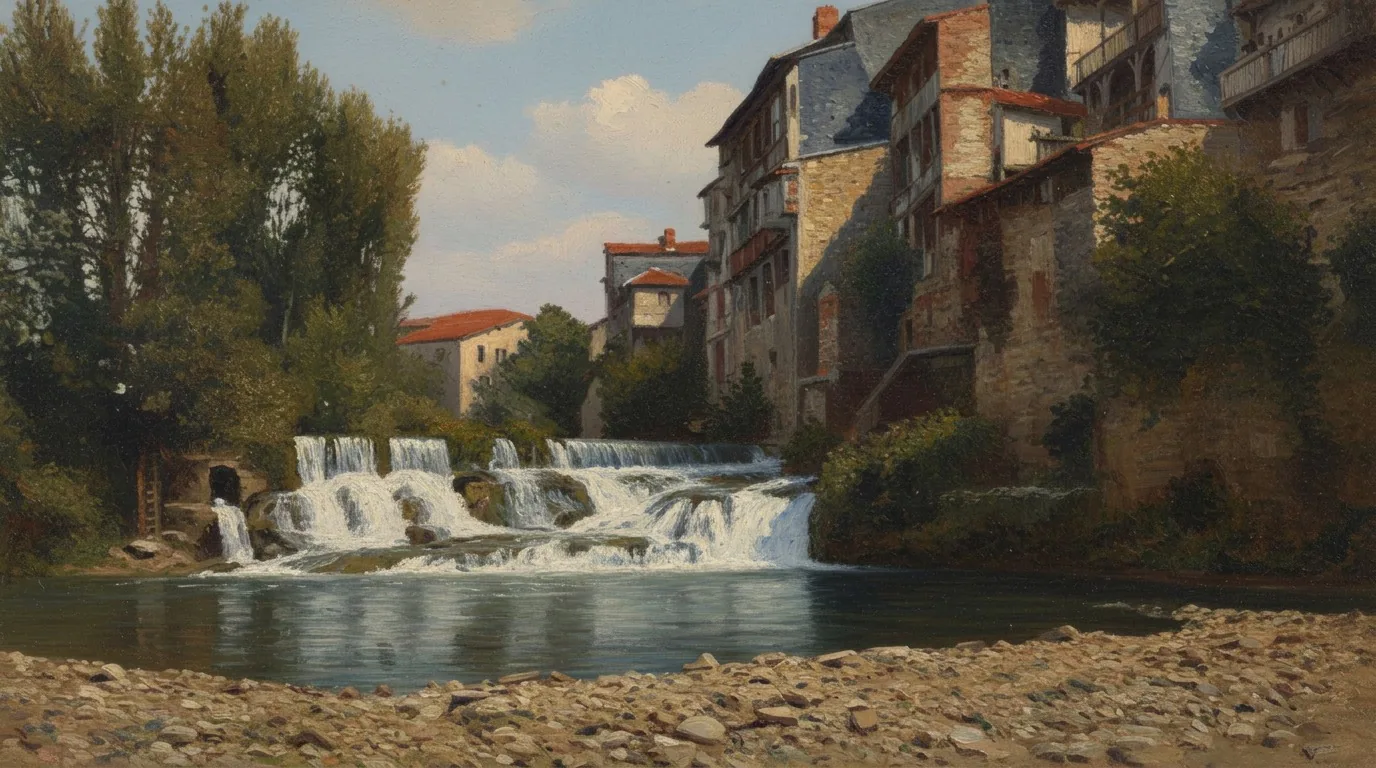 Casseneuil autrefois – vieilles maisons au bord de la Lède sur une carte postale ancienne, en peinture – Version B