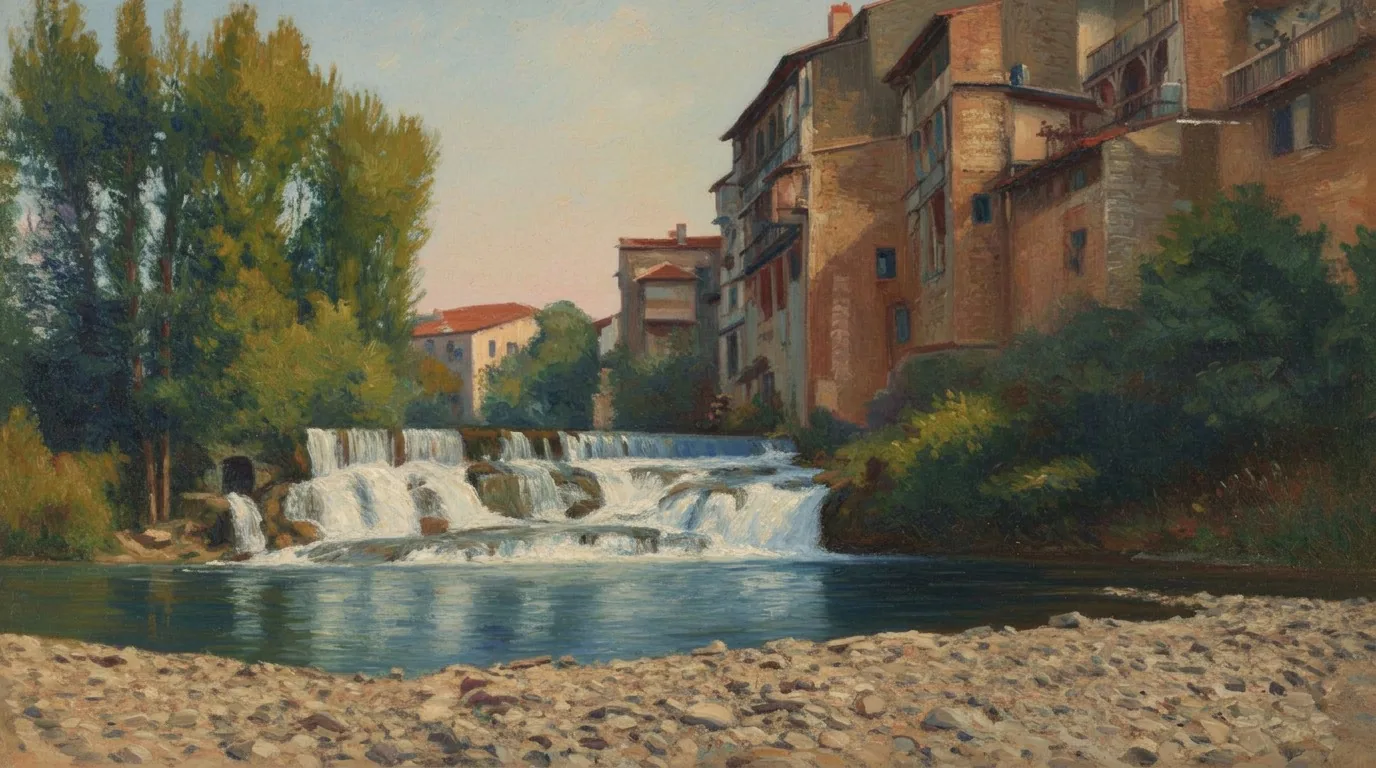 Casseneuil autrefois – vieilles maisons au bord de la Lède sur une carte postale ancienne, en peinture – Version D