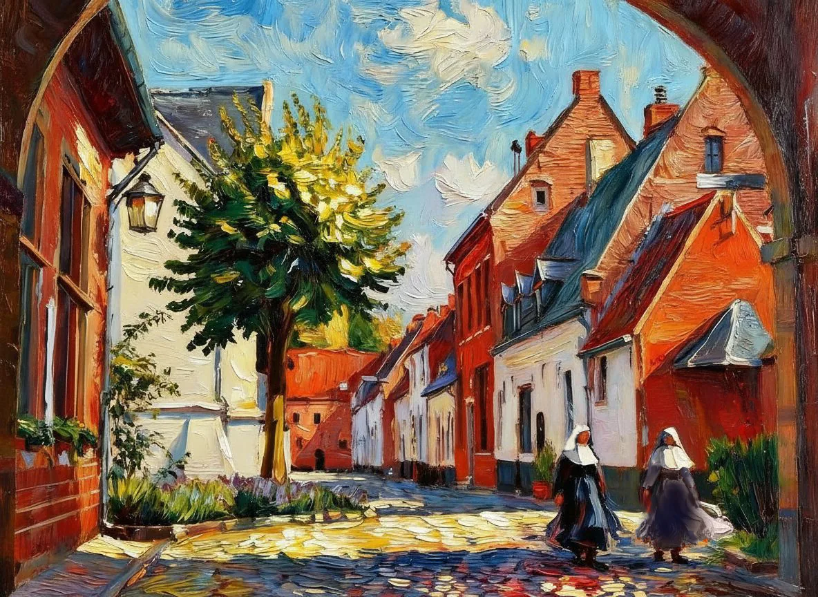 Diest vroeger – het begijnhof op een oude postkaart, als schilderij – Versie B