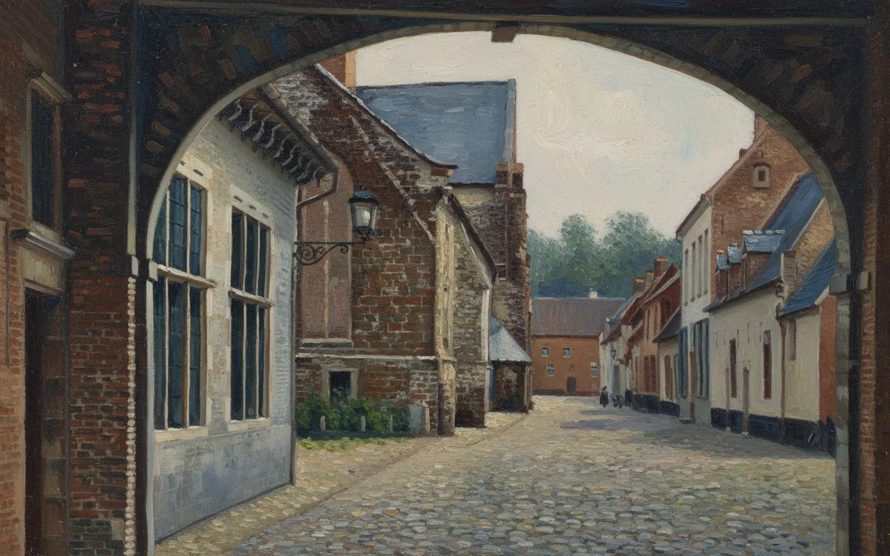 Diest vroeger – het begijnhof op een oude postkaart, als schilderij – Versie D
