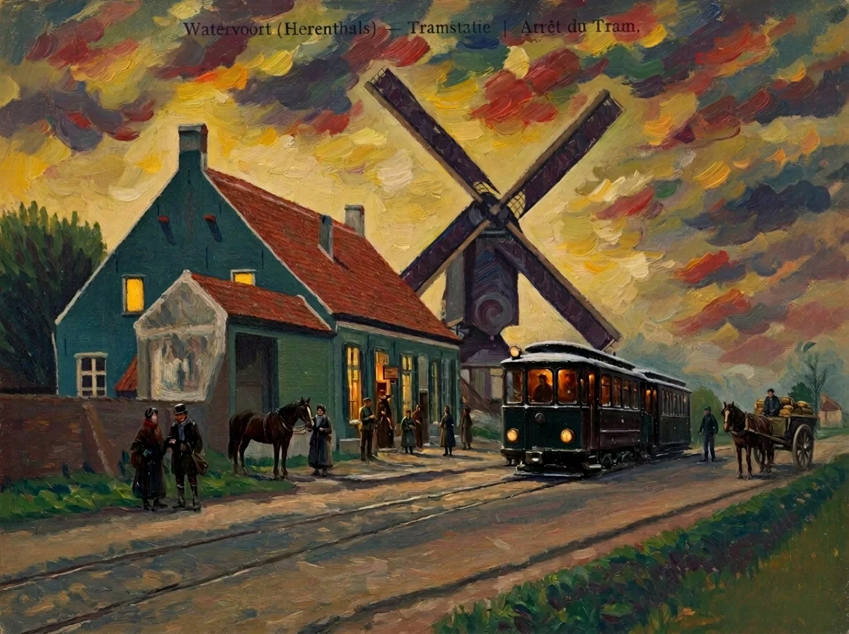 Watervoort (Herentals) früher – die Straßenbahnhaltestelle mit Mühle auf einer alten Postkarte, als Gemälde – Version A