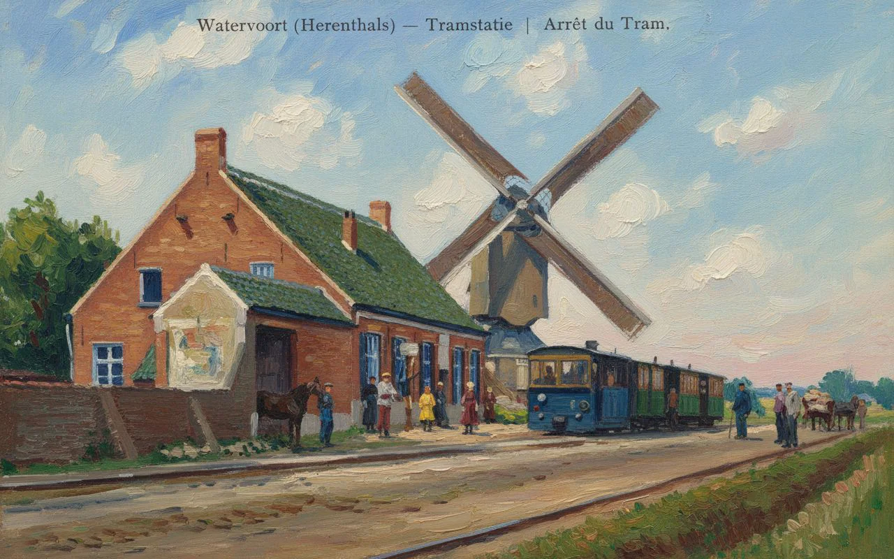 Watervoort (Herentals) früher – die Straßenbahnhaltestelle mit Mühle auf einer alten Postkarte, als Gemälde – Version B