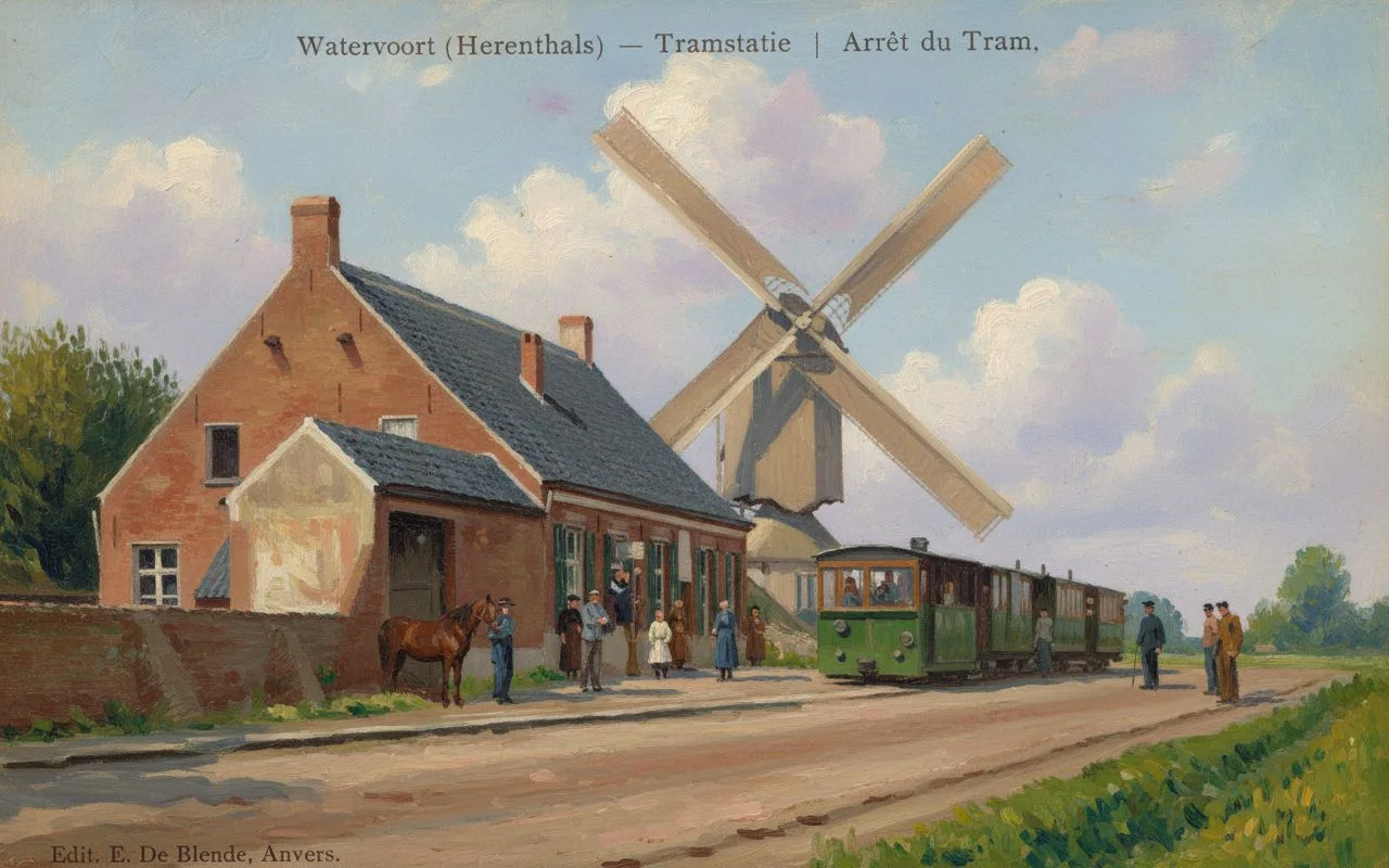 Watervoort (Herentals) früher – die Straßenbahnhaltestelle mit Mühle auf einer alten Postkarte, als Gemälde – Version C