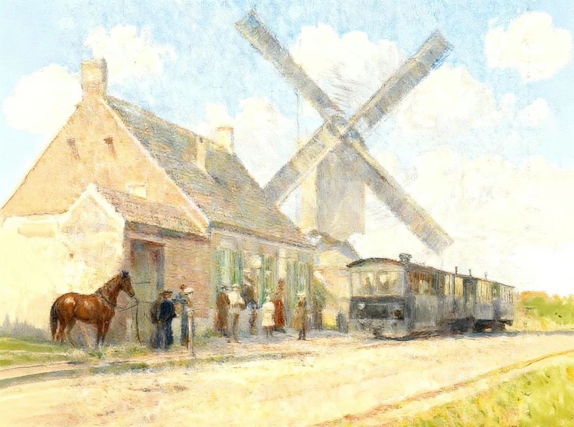 Watervoort (Herentals) früher – die Straßenbahnhaltestelle mit Mühle auf einer alten Postkarte, als Gemälde – Version D