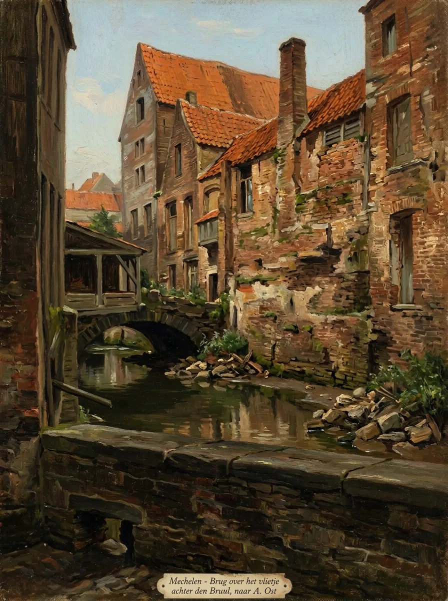 Malines autrefois – le petit pont sur le canal derrière le Bruul sur une carte postale ancienne, en peinture – Version A