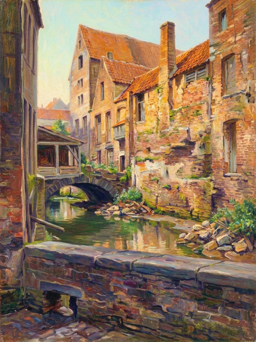 Malines autrefois – le petit pont sur le canal derrière le Bruul sur une carte postale ancienne, en peinture – Version B