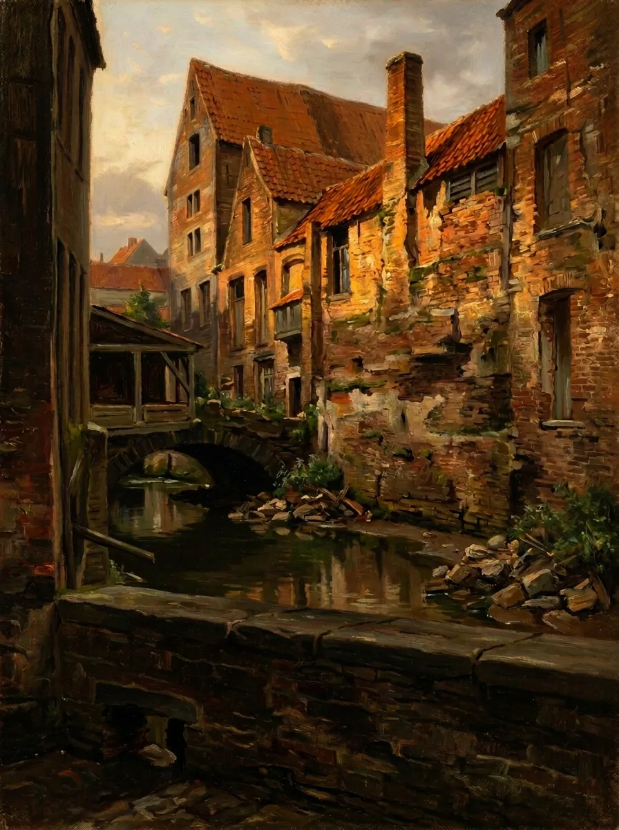 Malines autrefois – le petit pont sur le canal derrière le Bruul sur une carte postale ancienne, en peinture – Version D