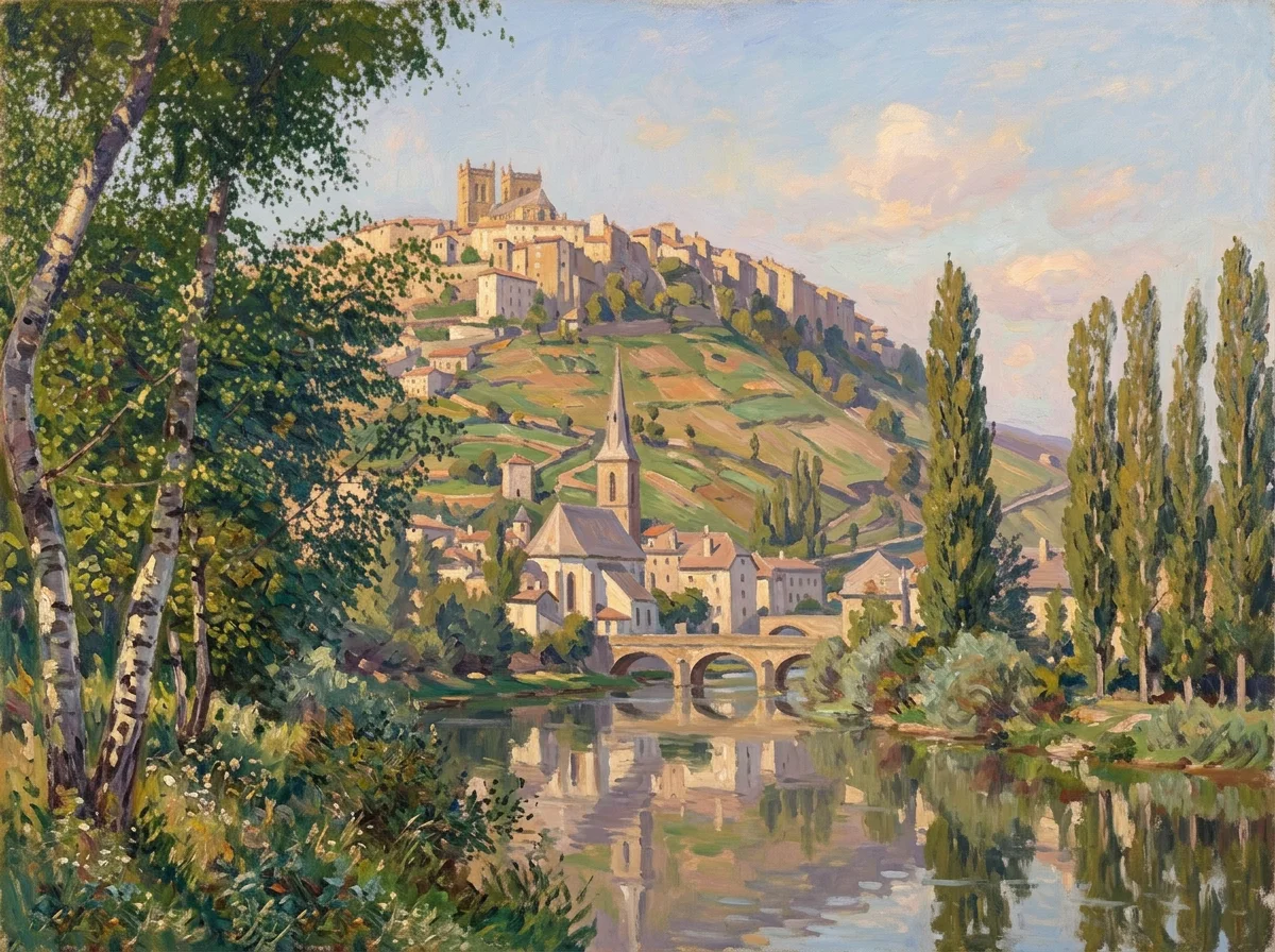 Saint-Flour vroeger – de bovenstad en de brug over de Ander op een oude postkaart, als schilderij – Versie A