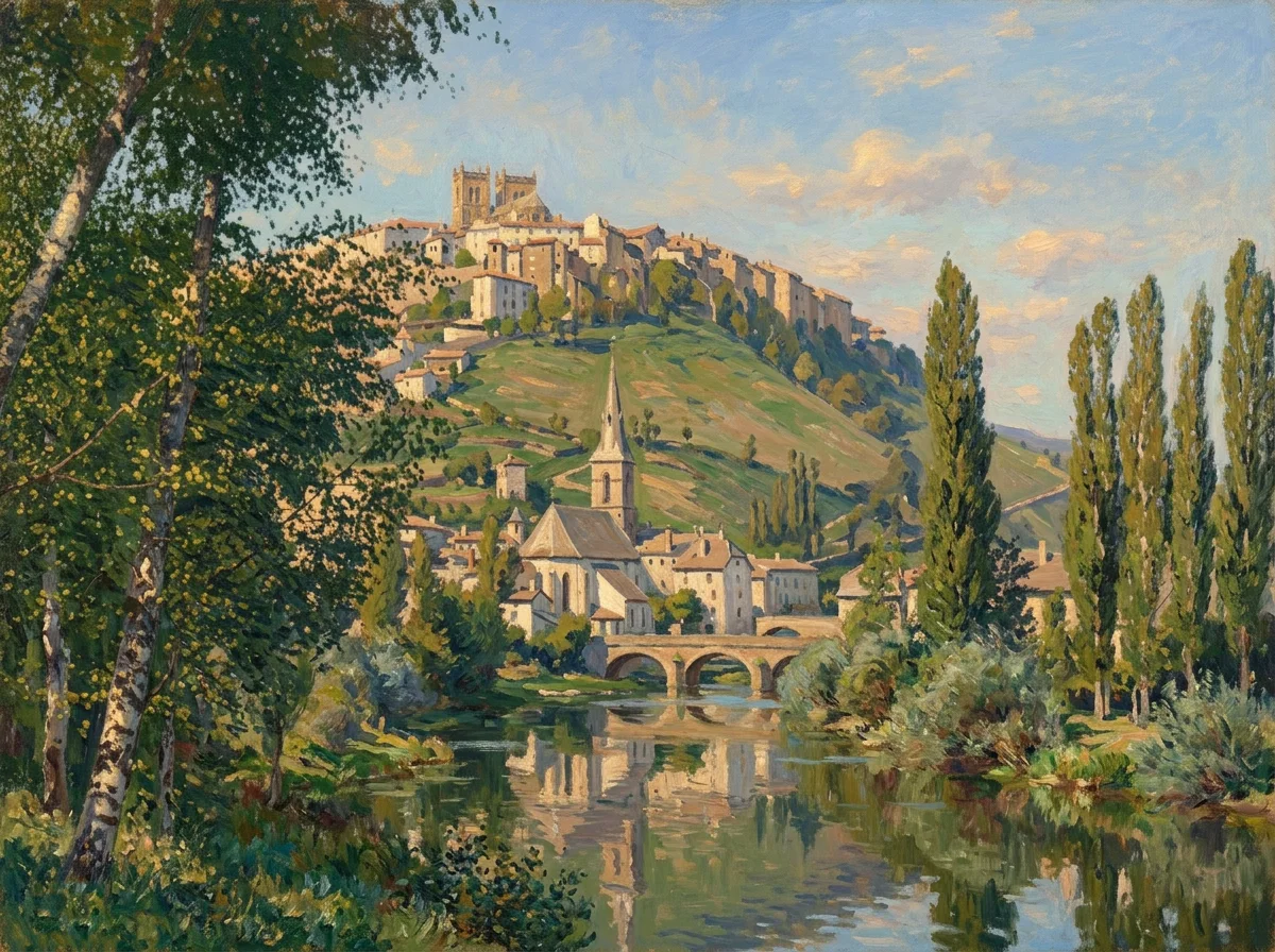 Saint-Flour vroeger – de bovenstad en de brug over de Ander op een oude postkaart, als schilderij – Versie B