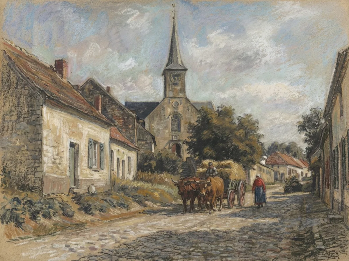 Stokkel vroeger – de Kerkstraat rond 1900, als schilderij – Versie B