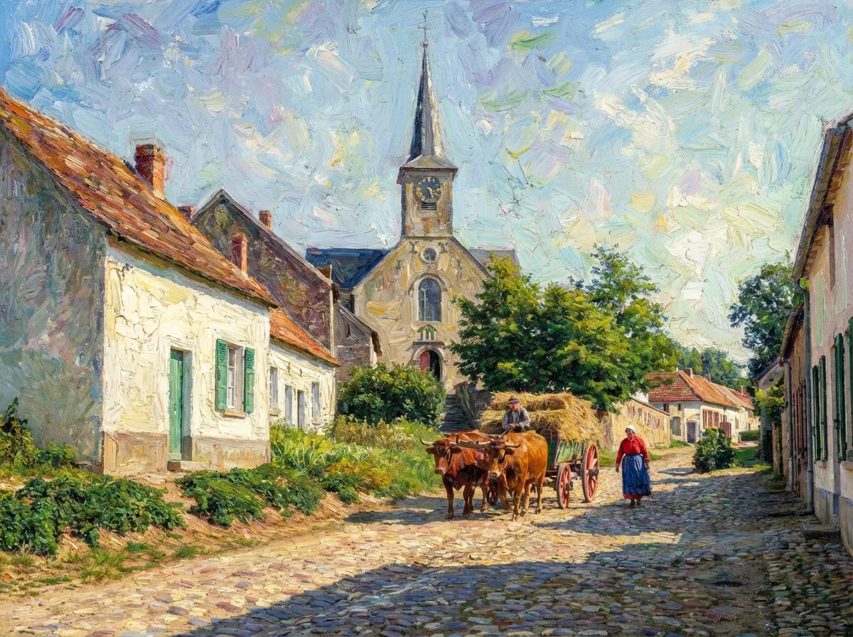 Stokkel vroeger – de Kerkstraat rond 1900, als schilderij – Versie C